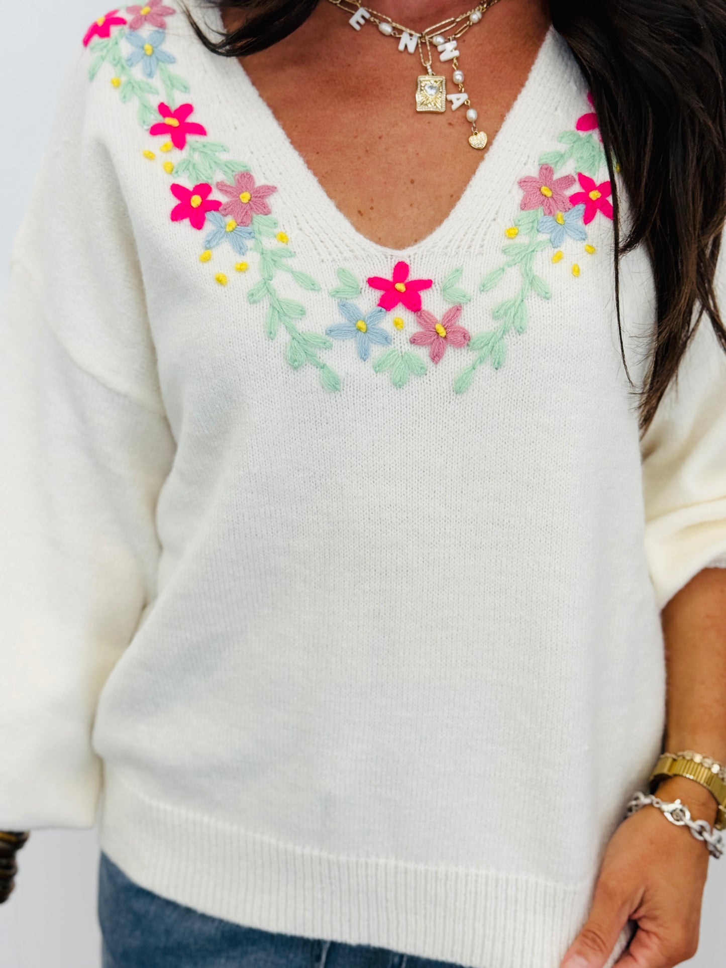Floral Embroidered V-Neck Top (Reg. and Plus)