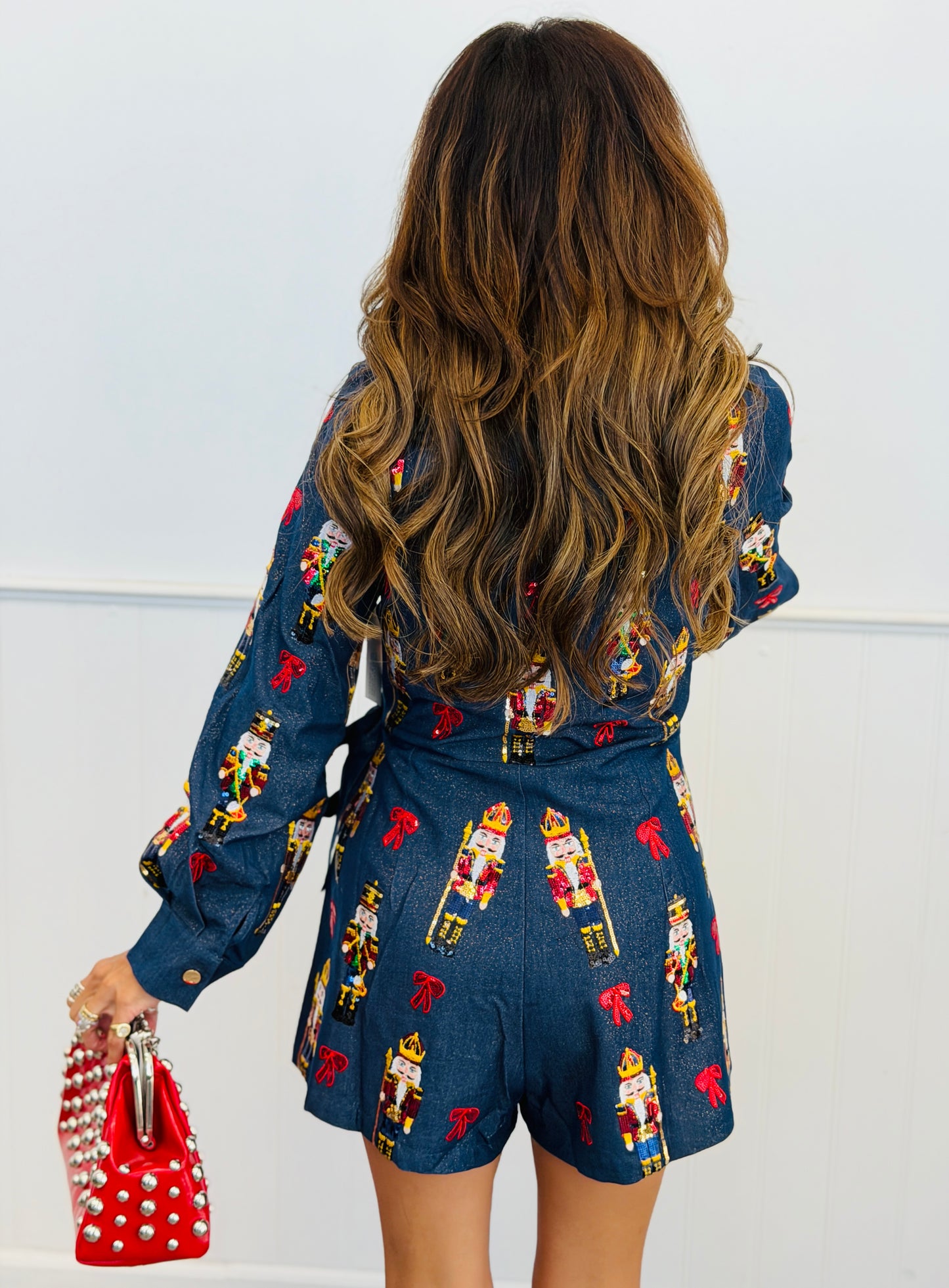 Queen Of Sparkles Denim Nutcracker & Bow Wrap Tie Romper (Reg. & Plus)