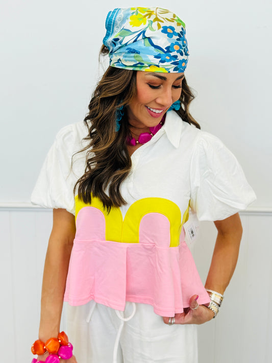 French Terry Color Block Bubble Sleeve Top (Reg.)