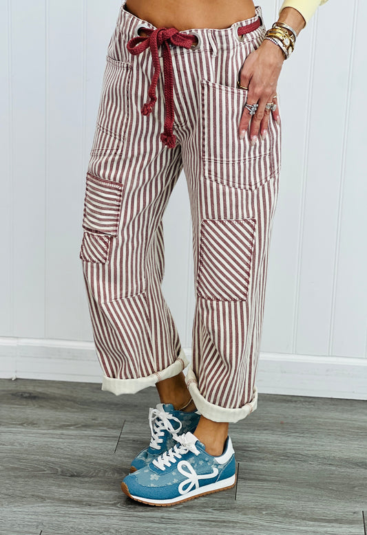 Mocha Brown Striped Twill Barrel Pants (Reg & Plus)