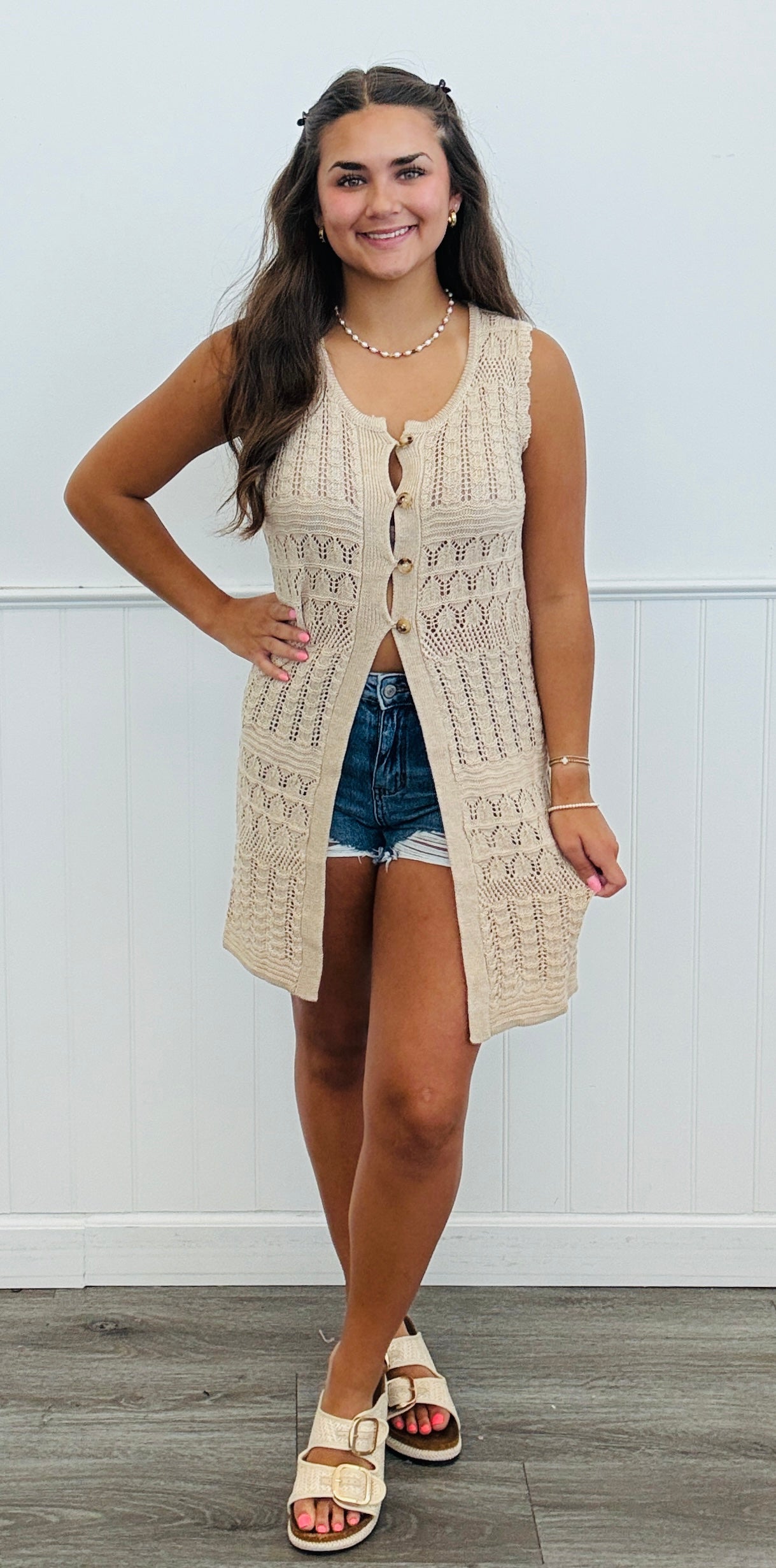 Long Crochet Split Hem Top (Reg.)-2 Colors