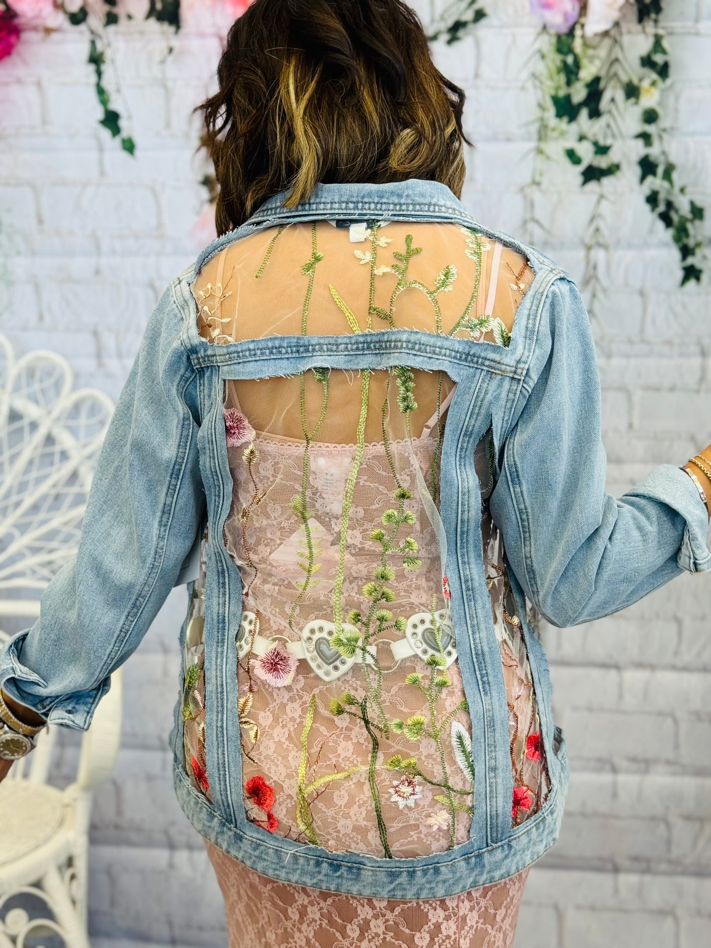 Denim Floral Embroidery Mesh Jacket (Reg & Plus)