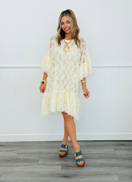 Cream Sheered Lace Tiered Tunic Top (Reg & Plus)