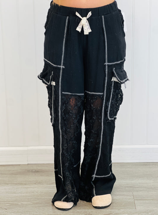 POL Black Sheer Lace Inserts Wide Pants (Reg.)