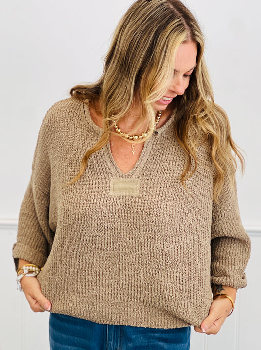 Mocha Boxy V-notch Neck Knit Sweater (Reg. and Plus)