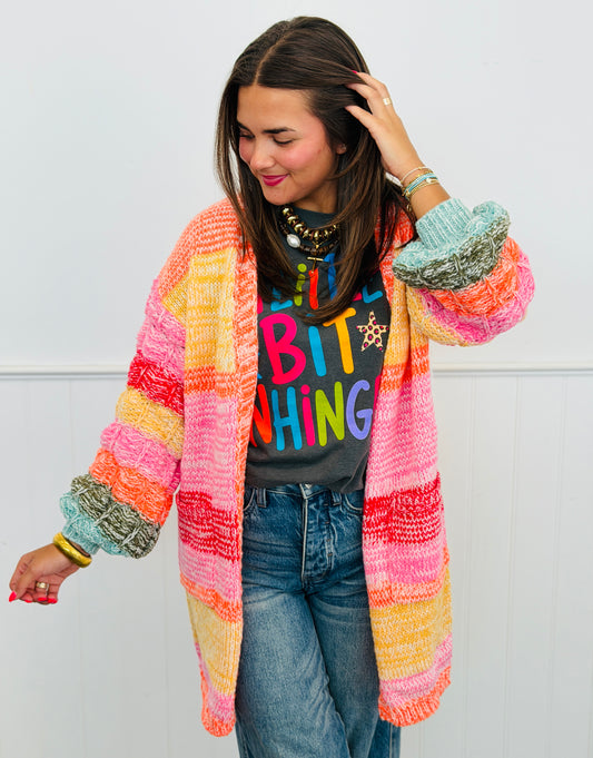Pink/Orange Bubble Sleeves Open Front Cardigan (Reg.)