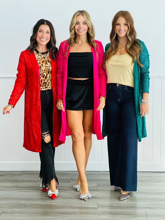 Shimmering Sequin Longline Cardigan (Reg & Plus)-3 Colors