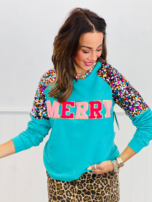 Turquoise Merry Sequin Sleeve Sweatshirt (Reg. and Plus)