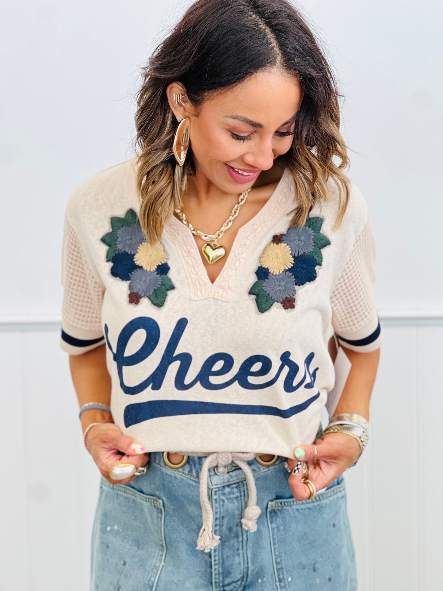 Beige Floral Patch & Lace Cheers Tee Top (Reg & Plus)