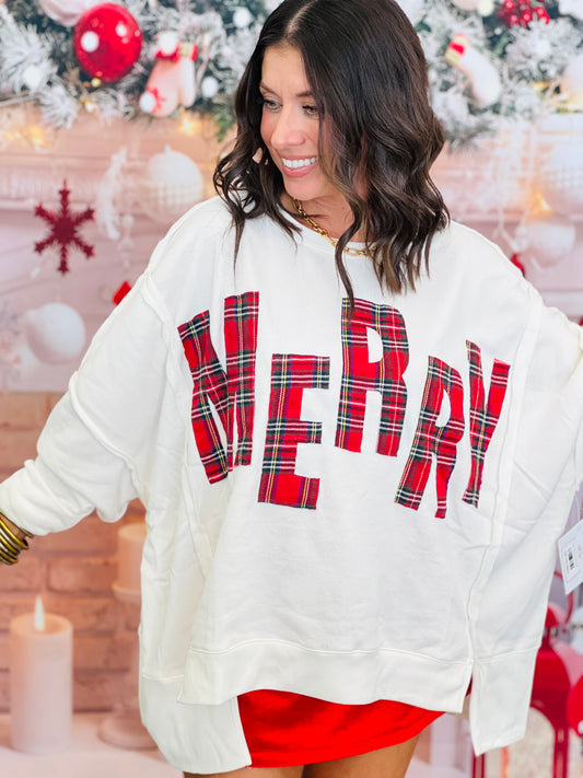 White/Red Plaid Merry Oversized Sweatshirt (Reg.)
