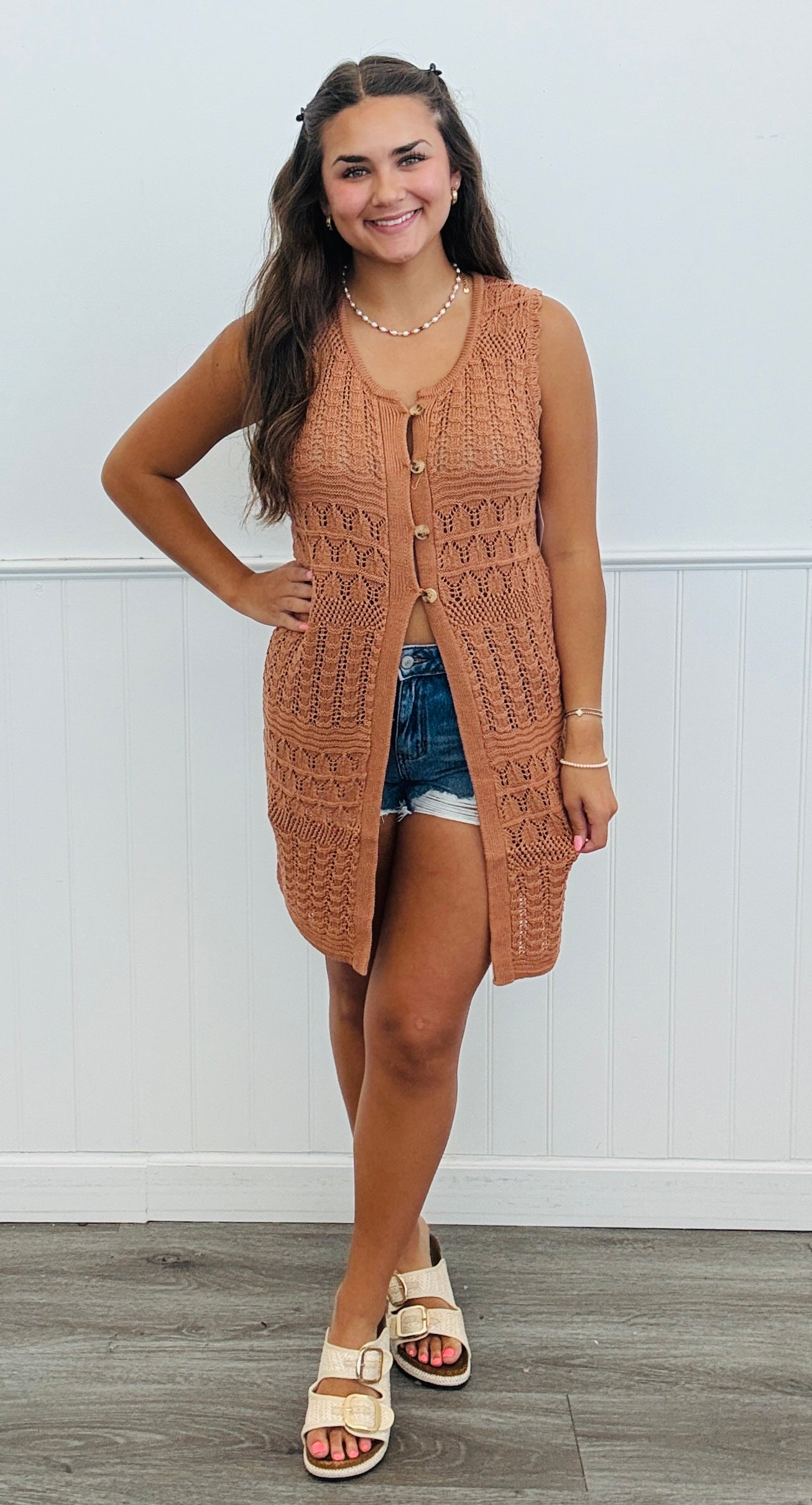 Long Crochet Split Hem Top (Reg.)-2 Colors