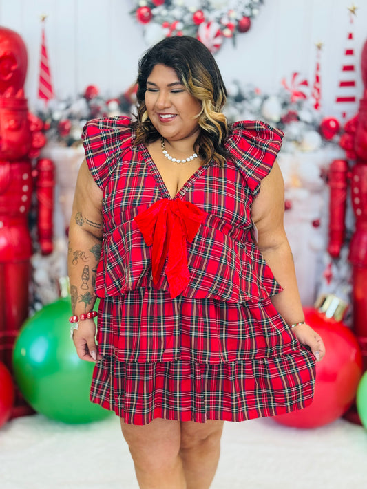 Red Plaid Velvet Bow Mini Dress (Reg. and Plus)