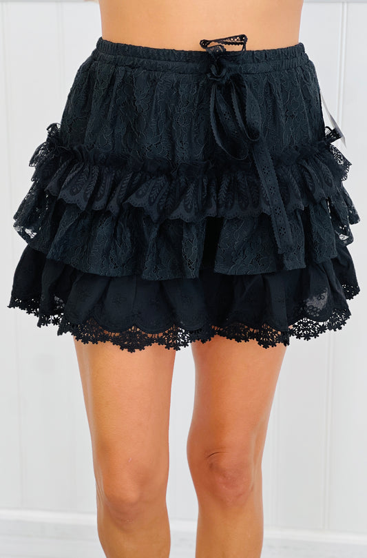 Black Vintage Lace Tiered Shorts (Reg.)