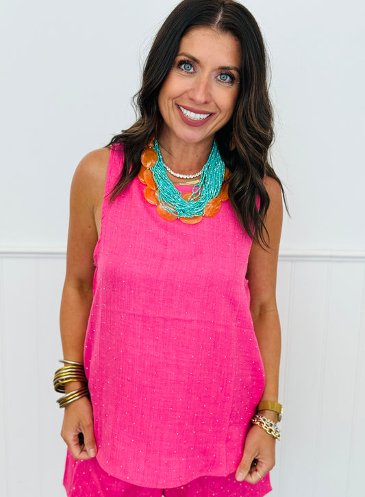 Hot Pink Rhinestone Sleeveless Blouse (Reg. and Plus)