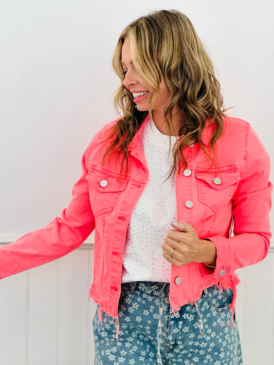 Risen Coral Frayed Hem Jean Jacket (Reg)