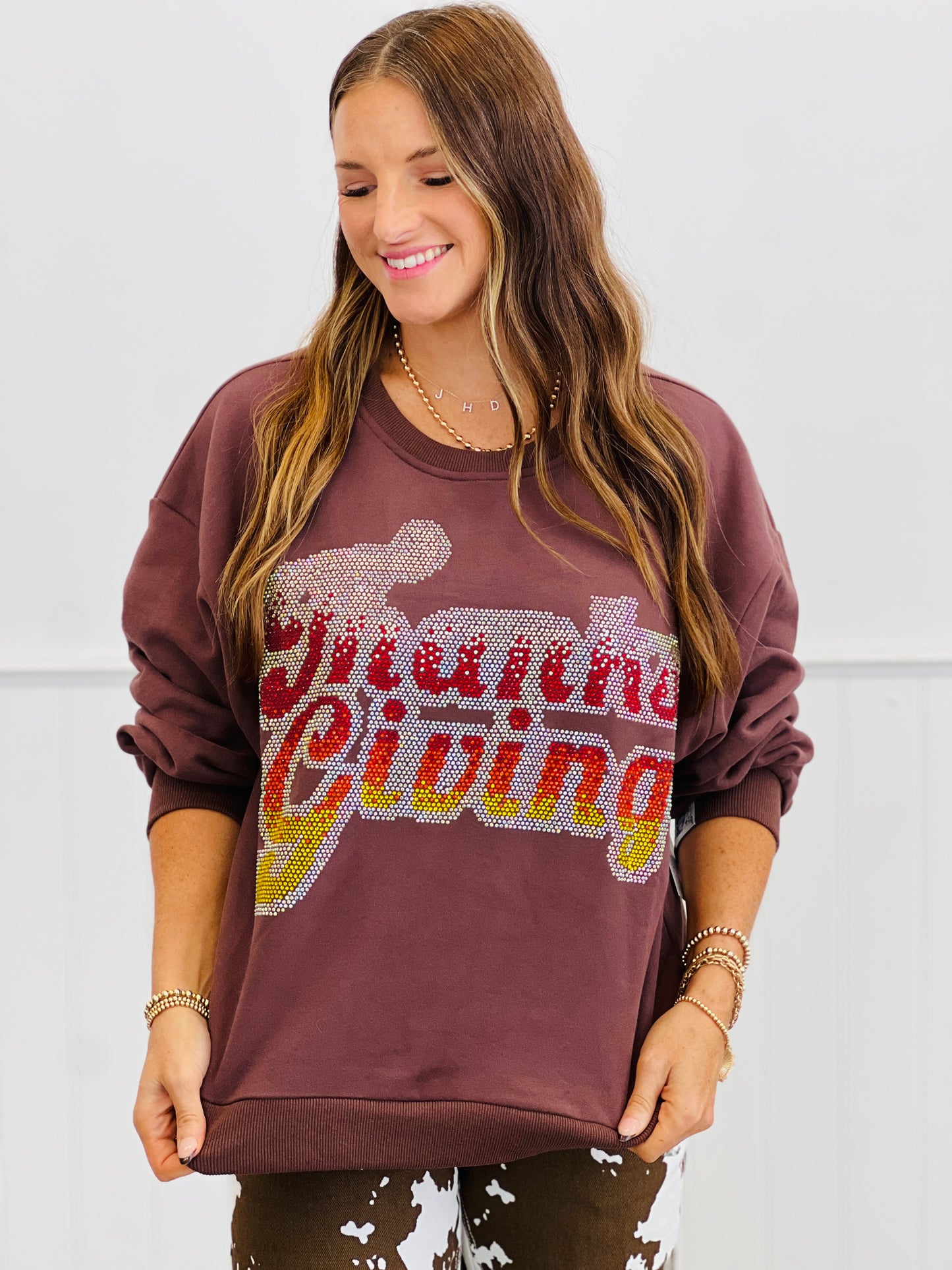 Queen Of Sparkles Brown Rhinestone Thanksgiving Sweatshirt (Reg. and Plus)