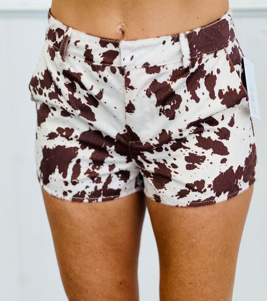 Cream/Brown Suede Cow Print Shorts (Reg.)