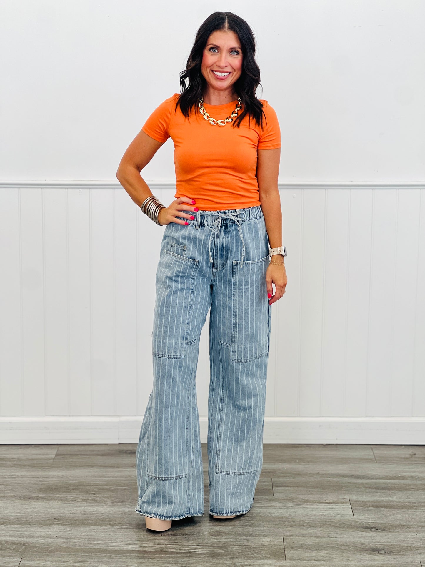 Washed Striped Denim Cargo Pants (Reg & Plus)