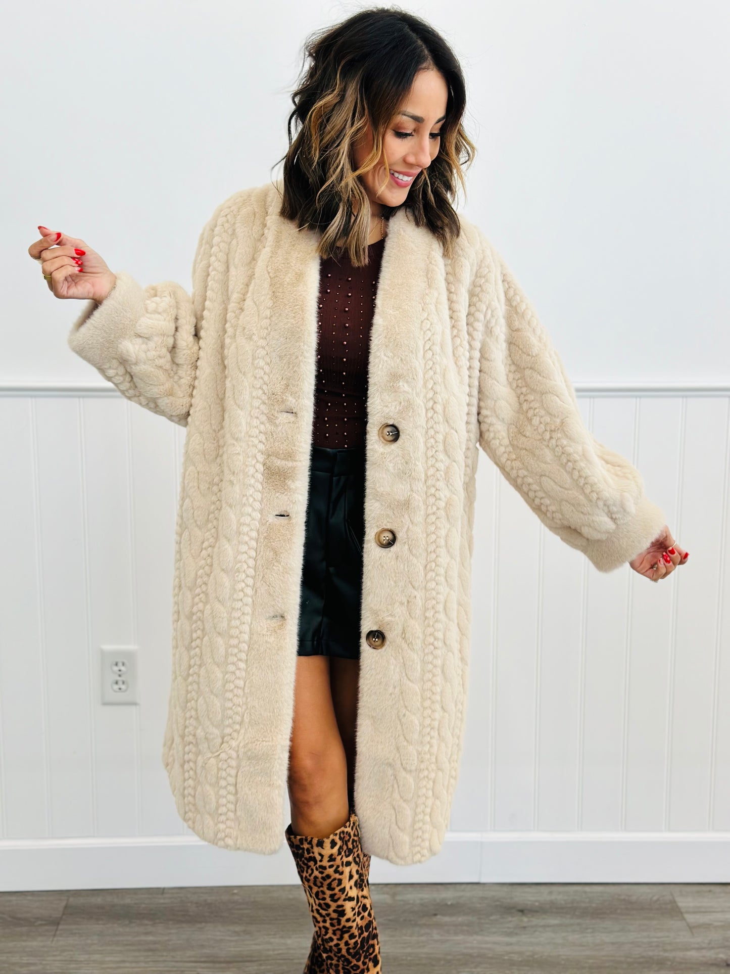 Fuzzy Fur Patterned Longline Coat (Reg. and Plus)