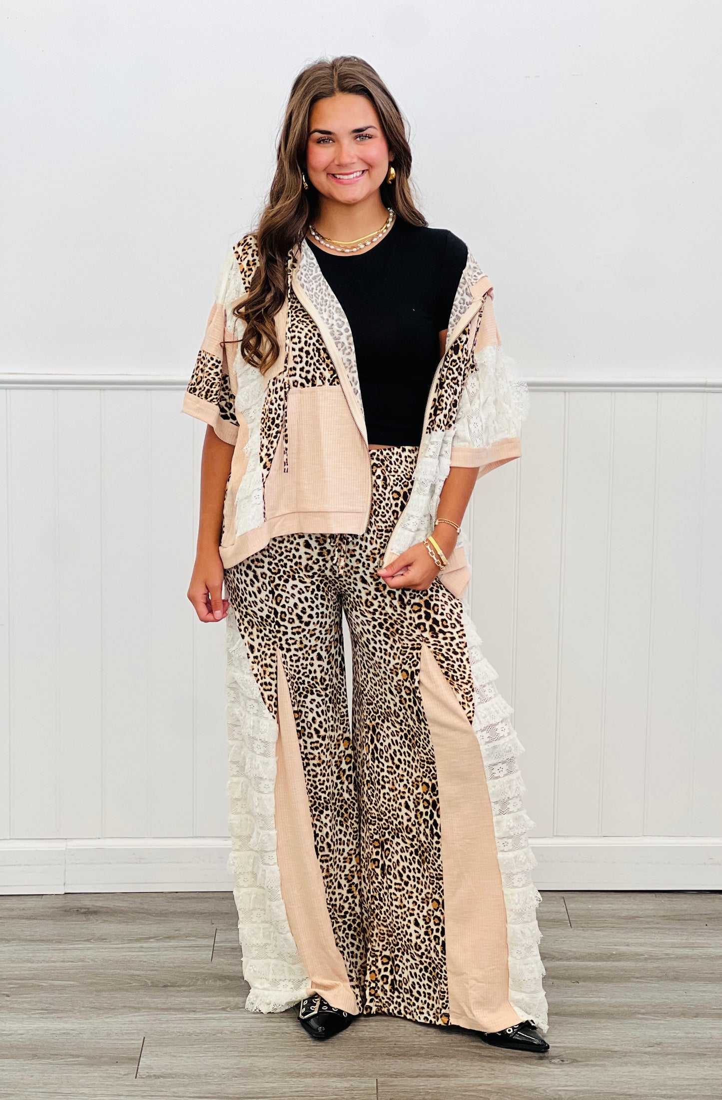 POL Nude Beige Cheetah Layered Crochet Lace Hoodie Top (Reg.)