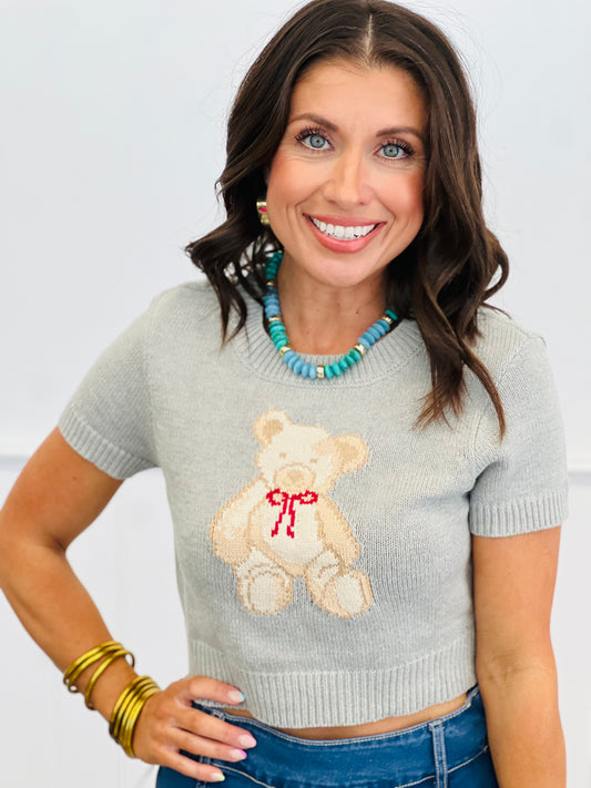 Grey Short Sleeve Teddy Bear Sweater Top (Reg.)