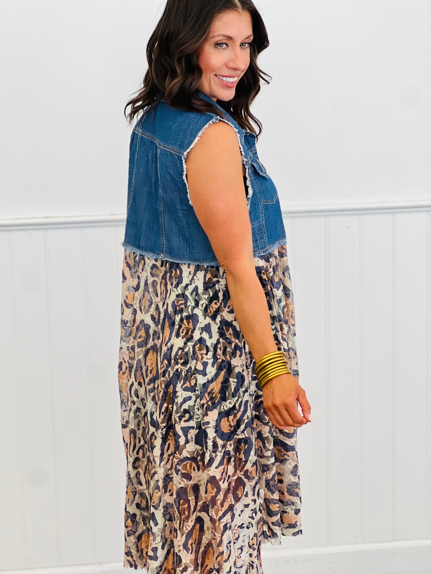 Denim Jacket With Leopard Lace Layer Jacket (Reg. and Plus)