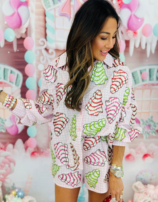 Queen Of Sparkles Pink Gingham Christmas Tree Cookies Top (Reg. & Plus)