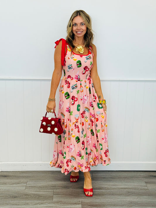 Peach Pink Fruit & Food Print Maxi Dress (Reg.)
