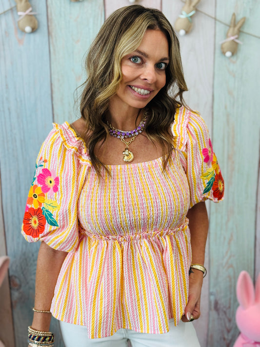 Pink Textured Striped & Floral Detailed Top (Reg. and Plus)