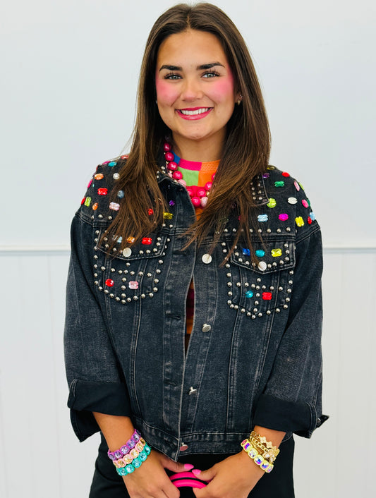 Black Denim Studded Jewels Button Up Jacket (Reg. and Plus)