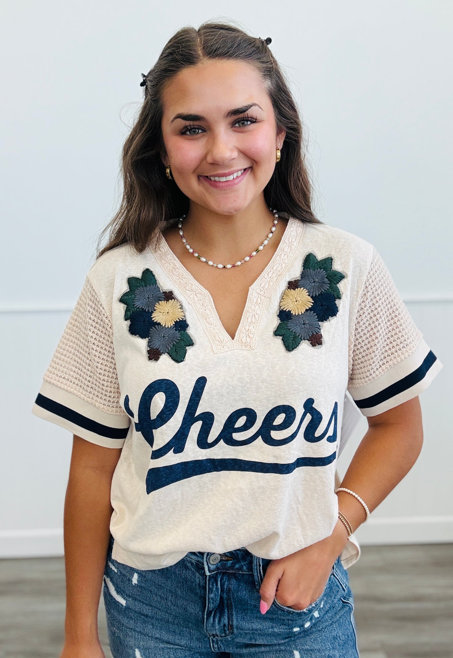 Beige Floral Patch & Lace Cheers Tee Top (Reg & Plus)
