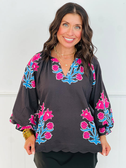 Chocolate Bubble Sleeved Tulip Print V Neck Top (Reg. and Plus)