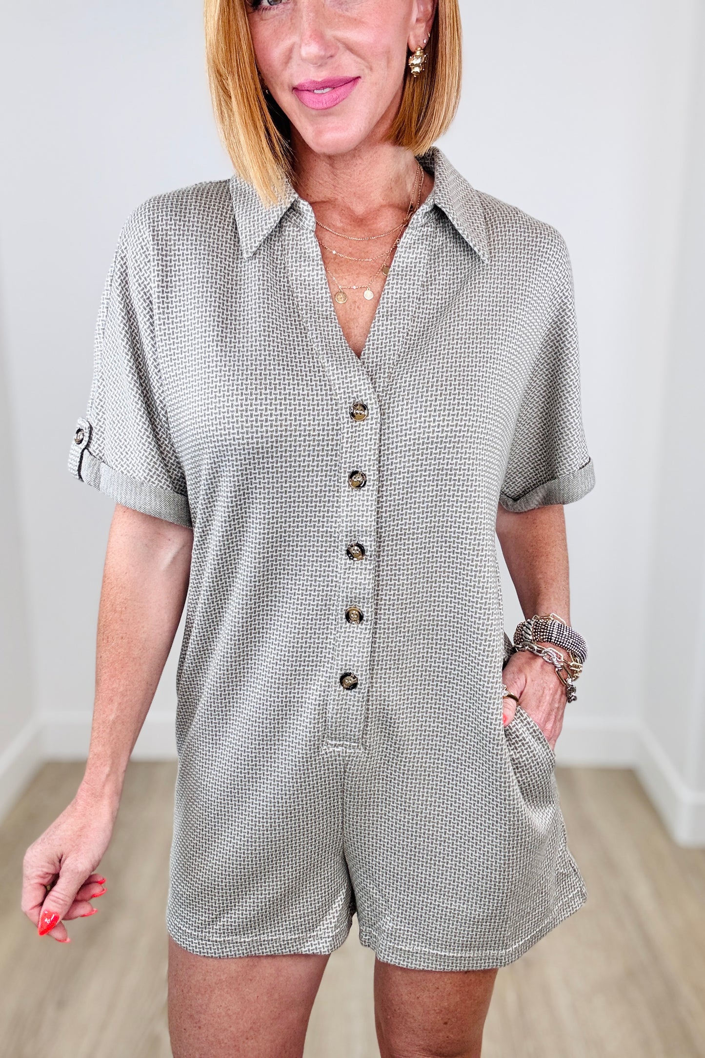 Olive Button Down Romper (Reg.)