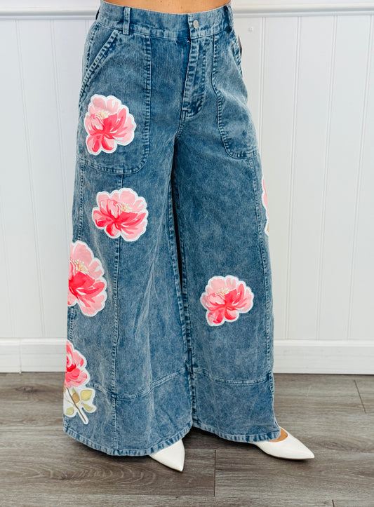 Washed Blue Denim Floral Patch Pants (Reg & Plus)