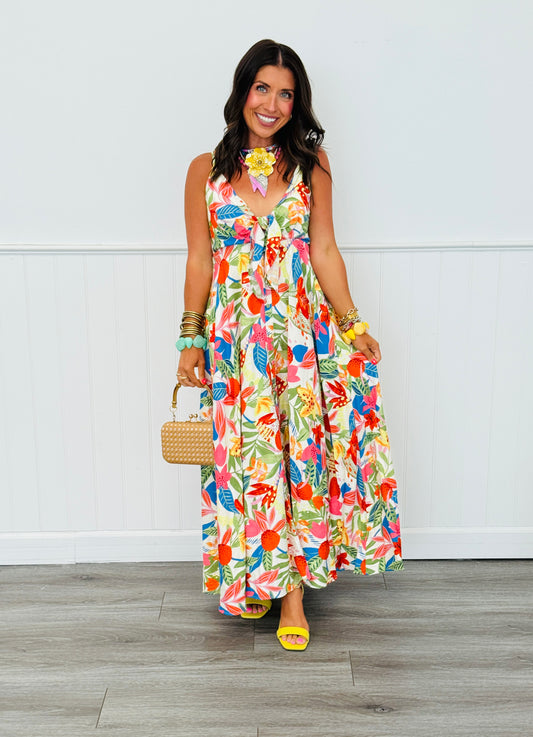 White Multi Floral Print Strappy Midi Dress (Reg.)