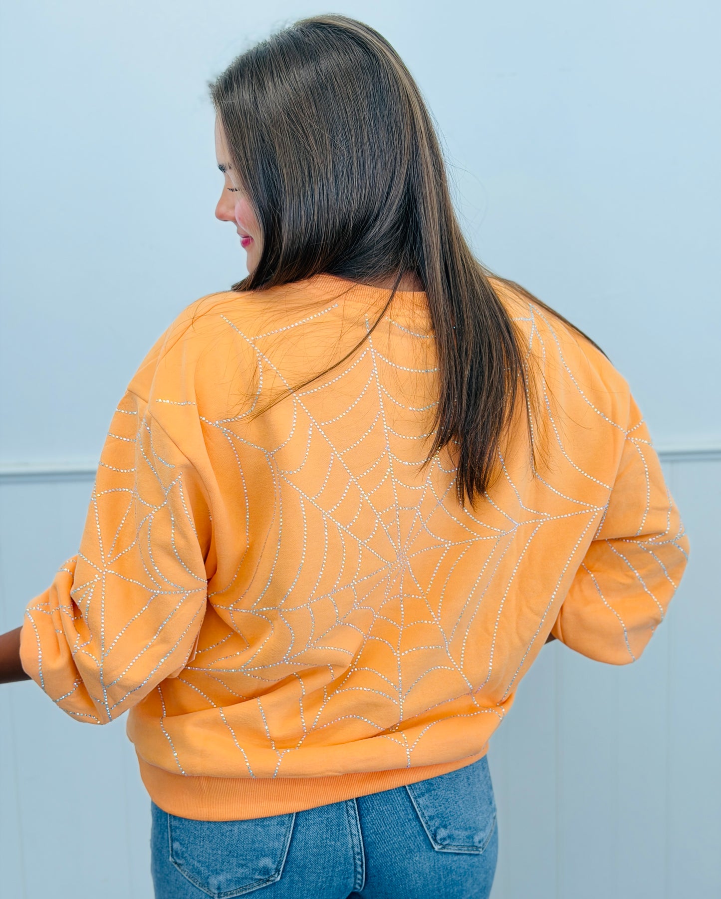 Queen Of Sparkles Light Orange Oversized Spider On Web Sweatshirt (Reg. and Plus)