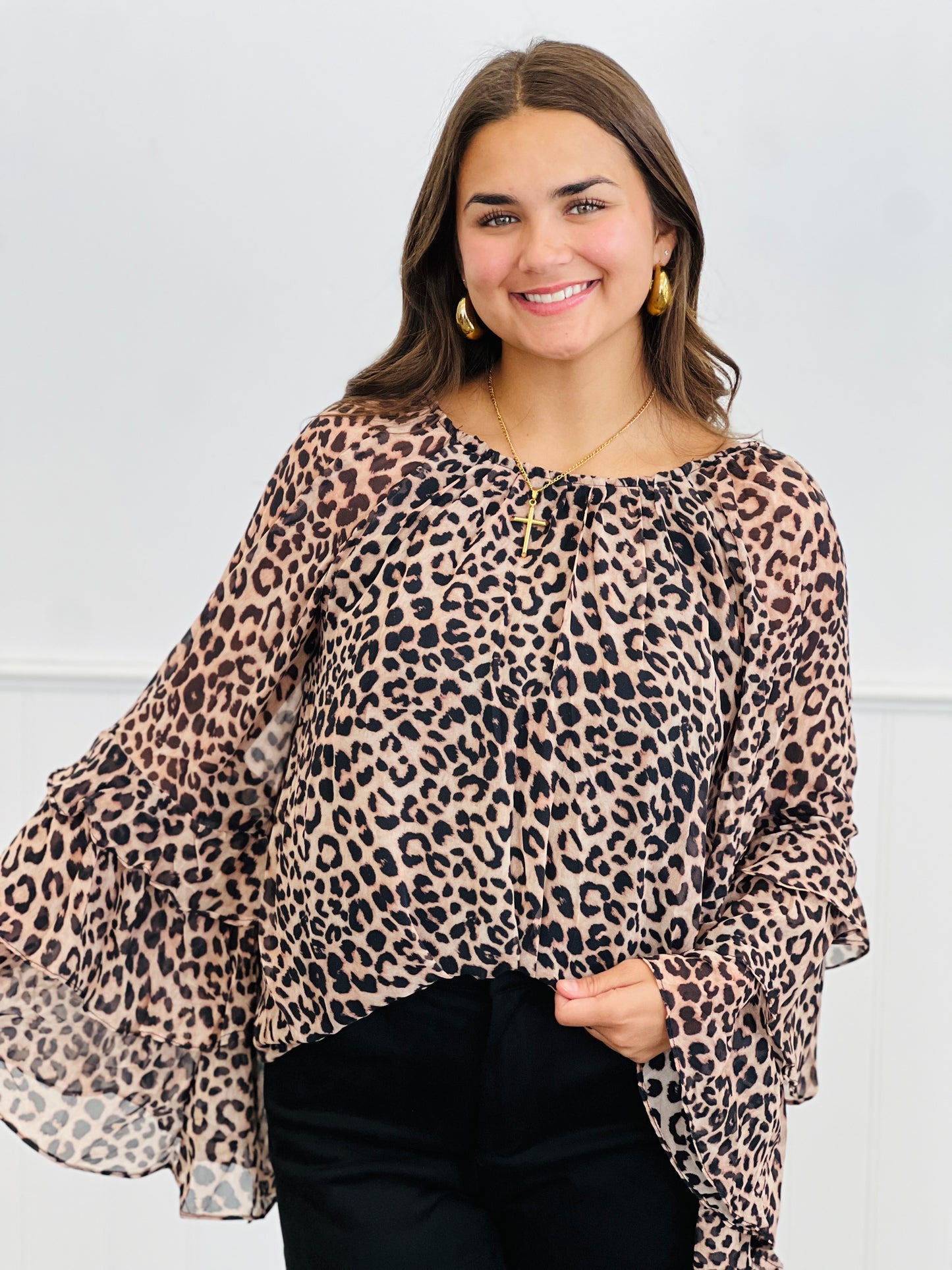 Leopard Print Boho Ruffle Sleeve Blouse (Reg.)