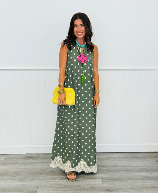Olive Polka Dot Lace Detailed Midi Dress (Reg.)