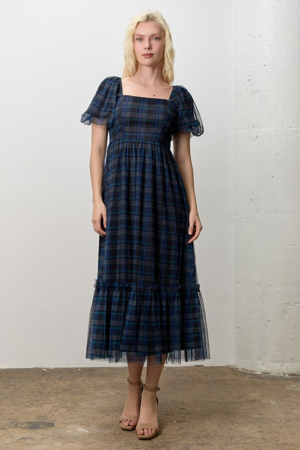 Black Multi Plaid Square Neck Midi Dress (Reg. and Plus)