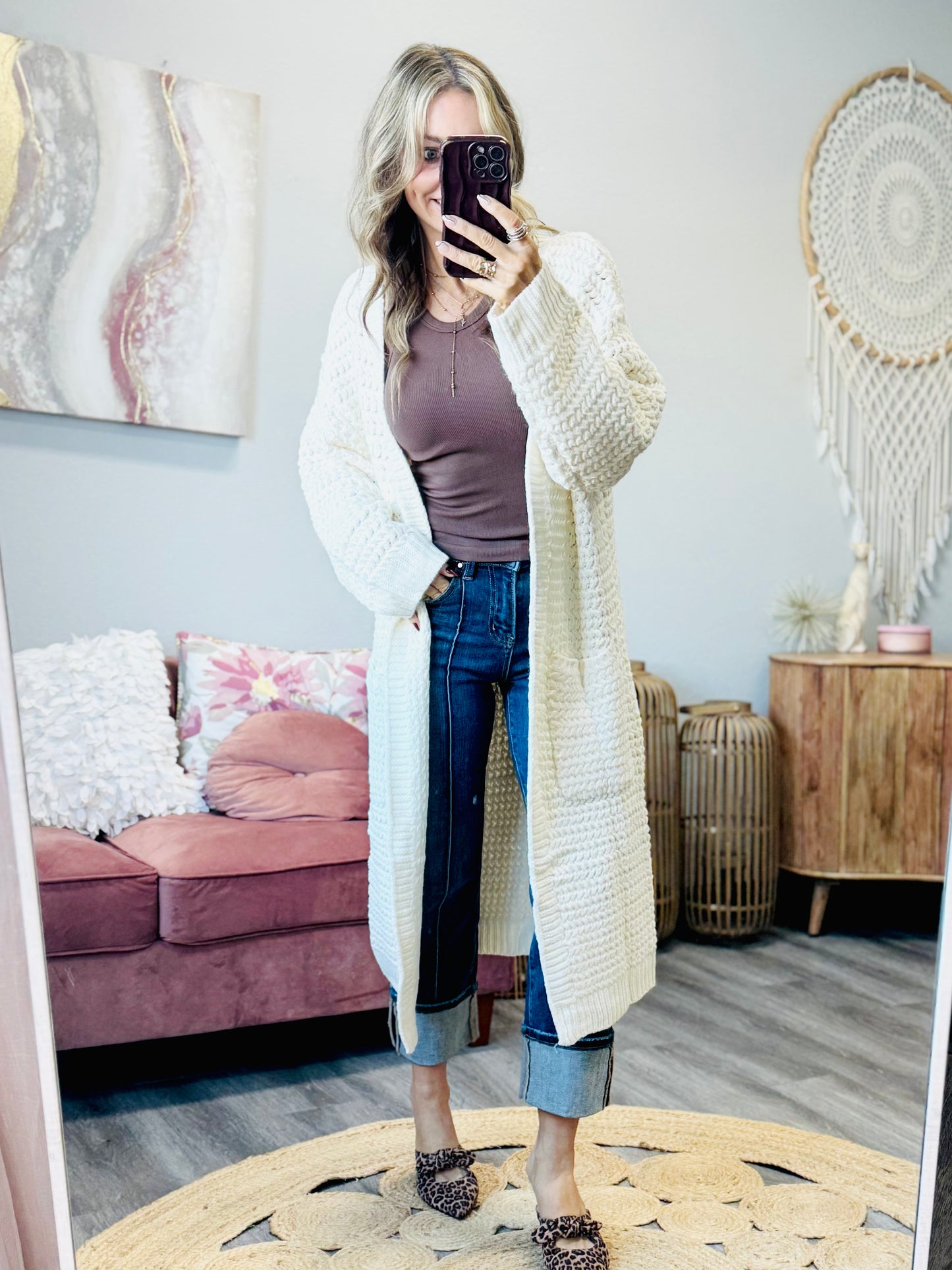 Cream Longline Waffle Knit Cardigan (Reg.)
