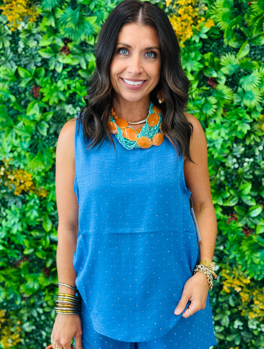 Denim Blue Rhinestone Sleeveless Blouse (Reg. and Plus)