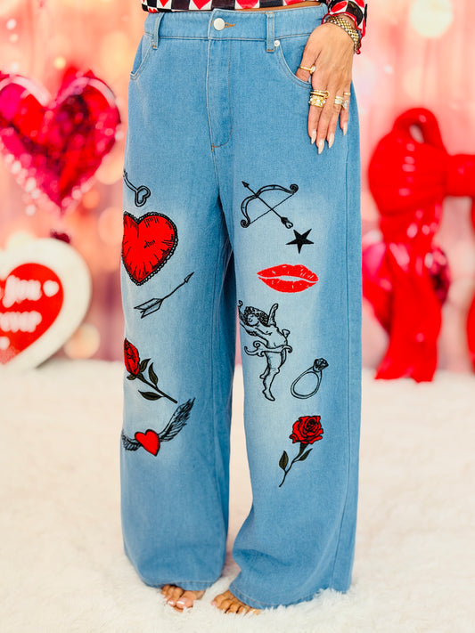 Washed Denim Multi Embroidered Pants (Reg. and Plus)