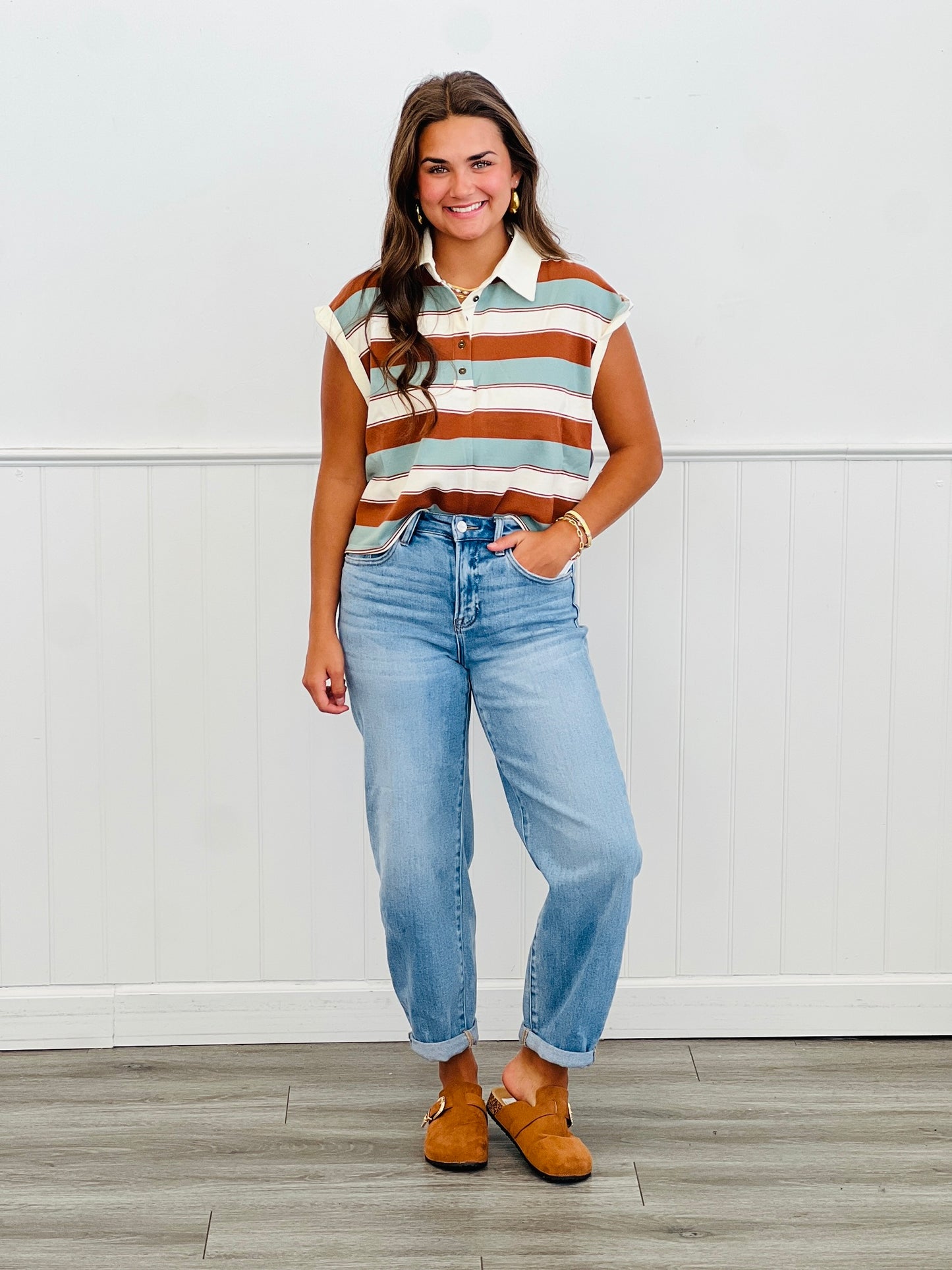 Mocha Sky Striped Cap Sleeve Top (Reg.)