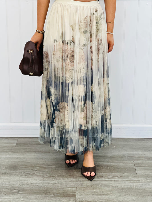 Navy Floral Sheer Lined Midi Skirt (Reg. and Plus)
