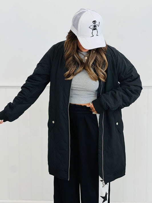 Black Quilted Longline Bomber Jacket (Reg.)