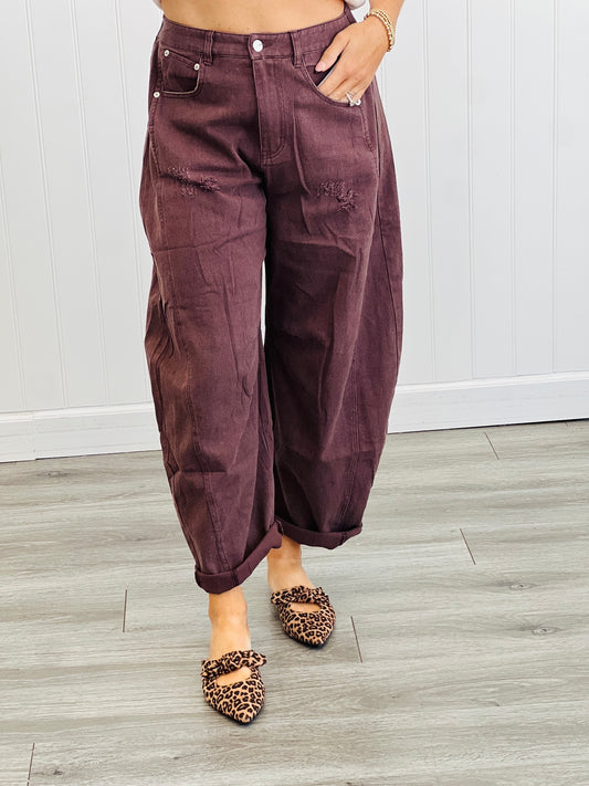 Chocolate Acid Washed Denim Barrel Pants (Reg & Plus)