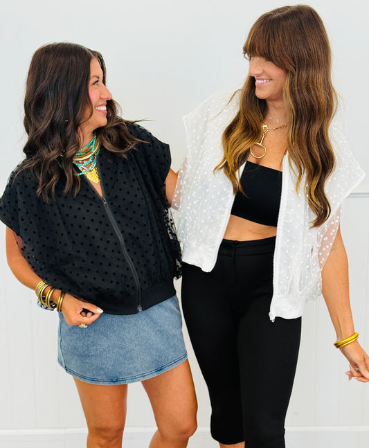 Polka Dot Sheer Mesh Sleeveless Zip Up Jacket (One Size) - 2 Colors