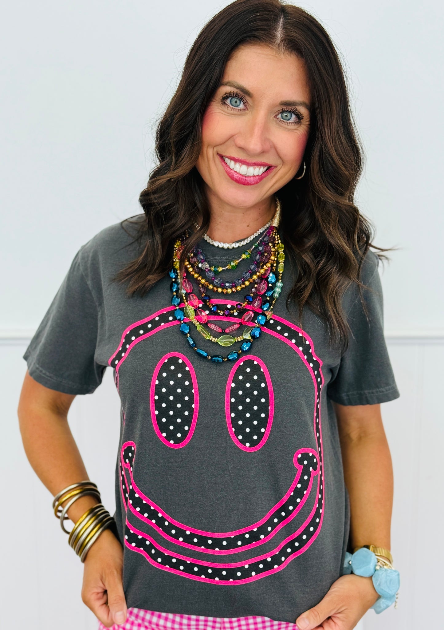 Pink Polka Dot Happy Face Tee (Reg. and Plus)