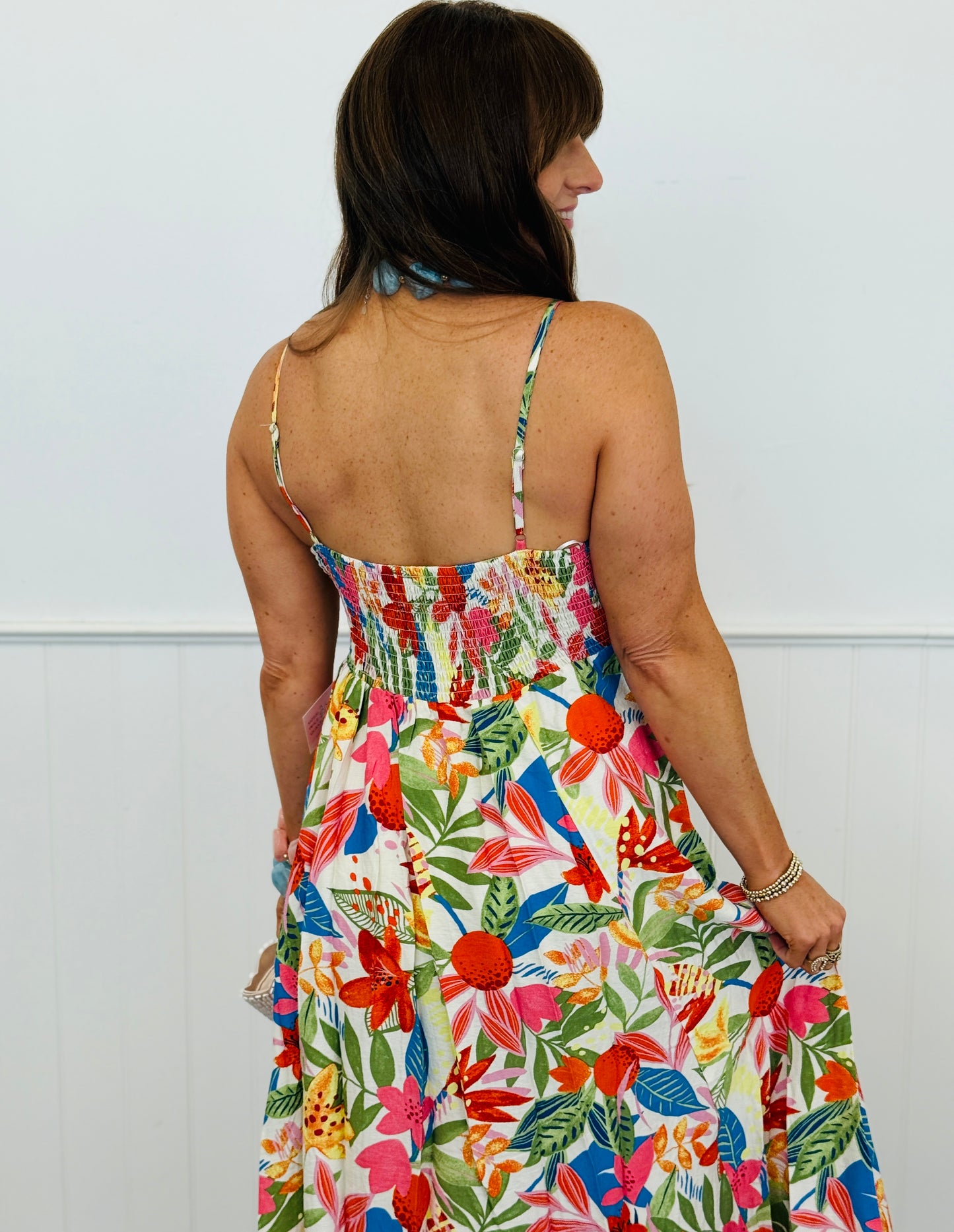 White Multi Floral Print Strappy Midi Dress (Reg.)