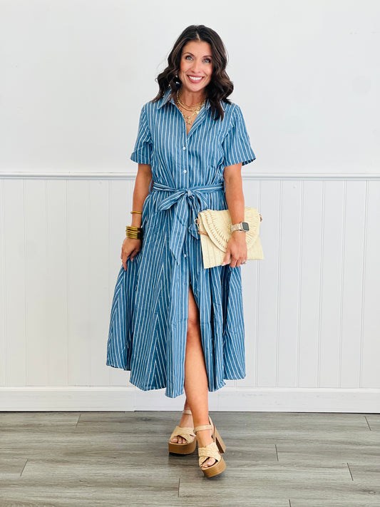 Denim Striped Midi Shirt Dress (Reg & Plus)